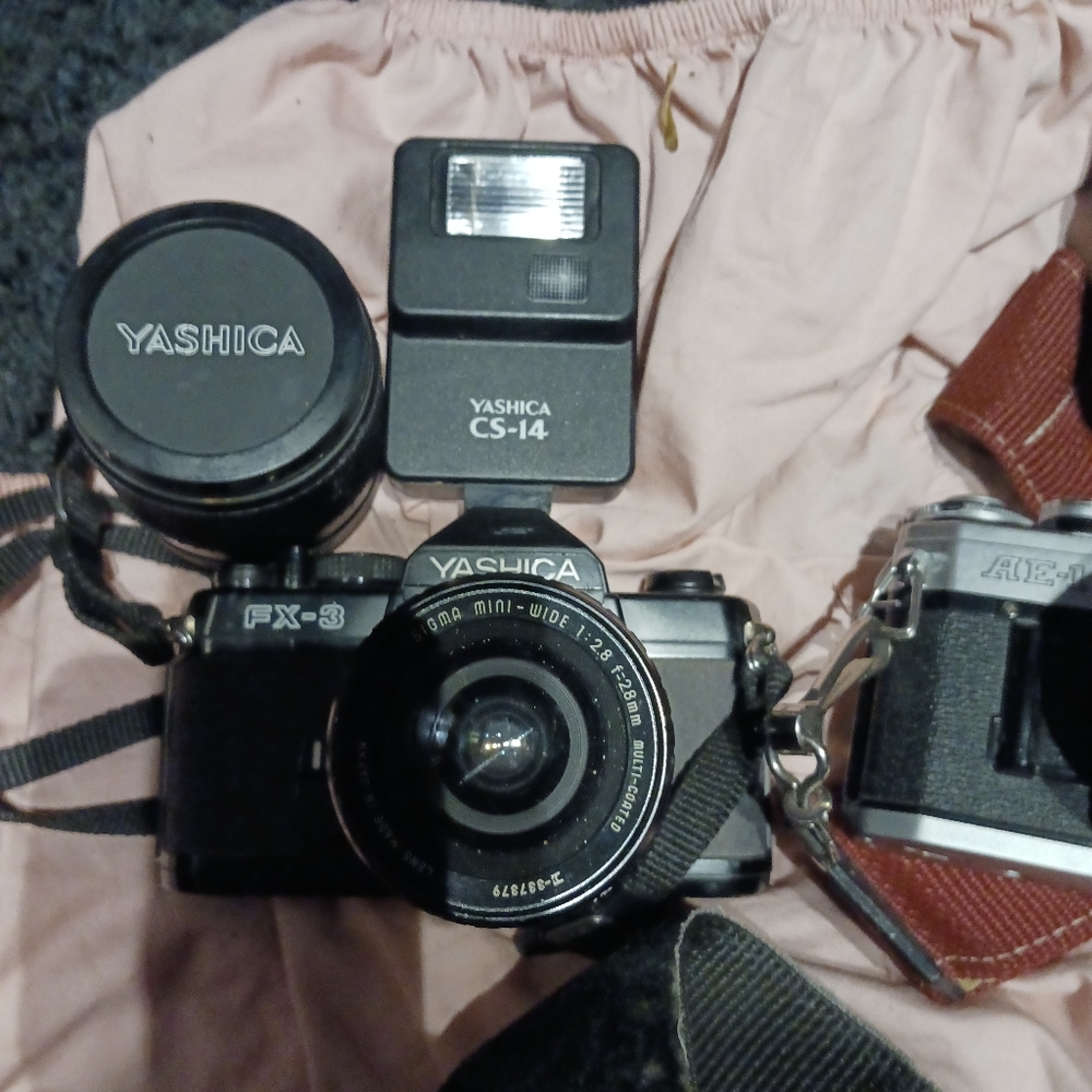 Different brands of vintage cameras and lenses